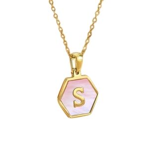 Hexagon Initial Letter Charm, S, 18K Gold-Plated Pink Pearl Pendant Necklace